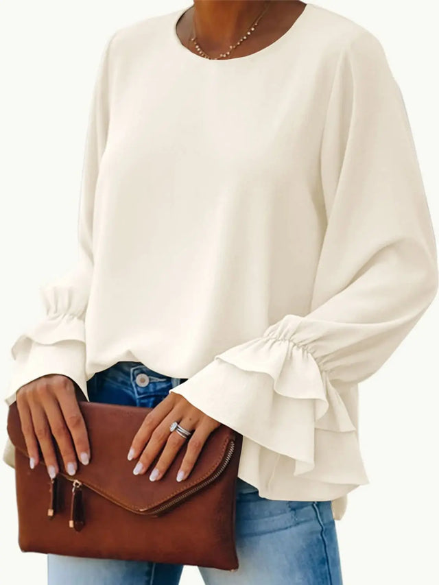 Round Neck Double-Layered Flounce Sleeve Top Trendsi Hanalas