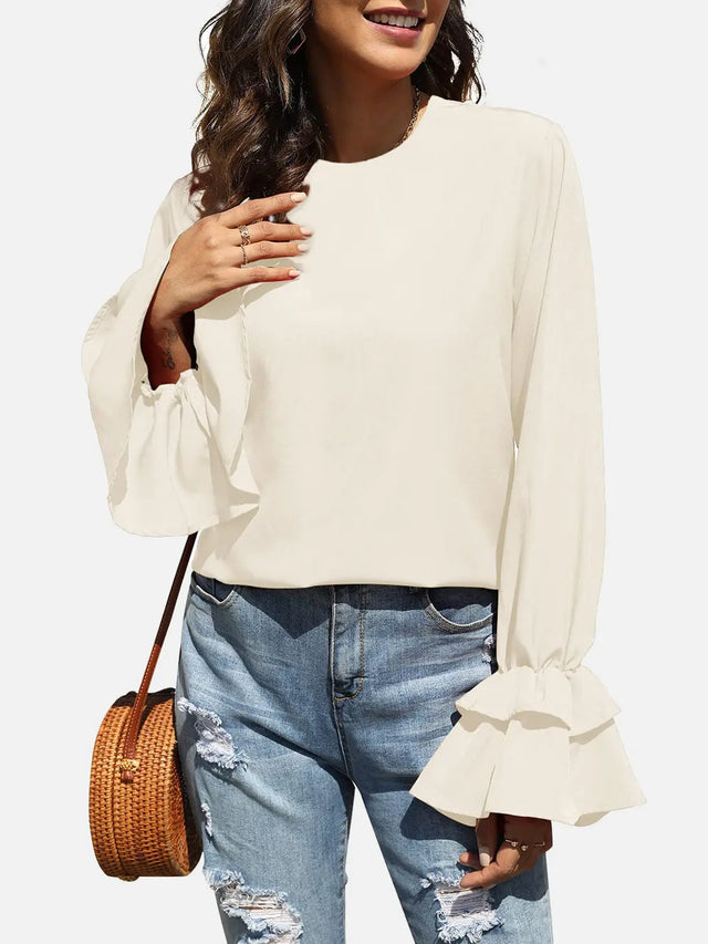 Round Neck Double-Layered Flounce Sleeve Top Trendsi Hanalas