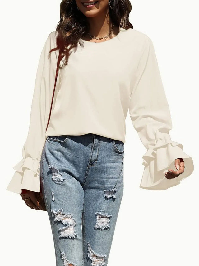 Round Neck Double-Layered Flounce Sleeve Top Trendsi Hanalas