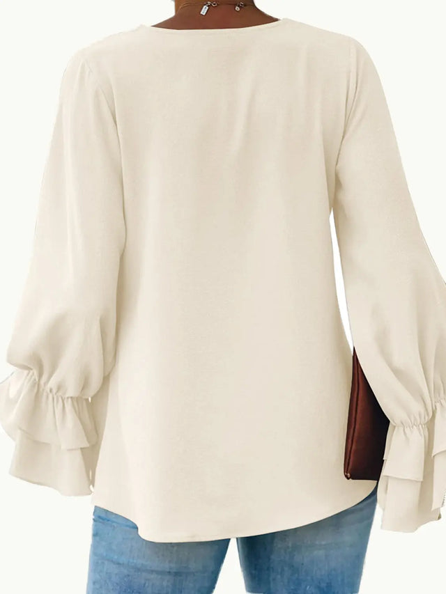 Round Neck Double-Layered Flounce Sleeve Top Trendsi Hanalas