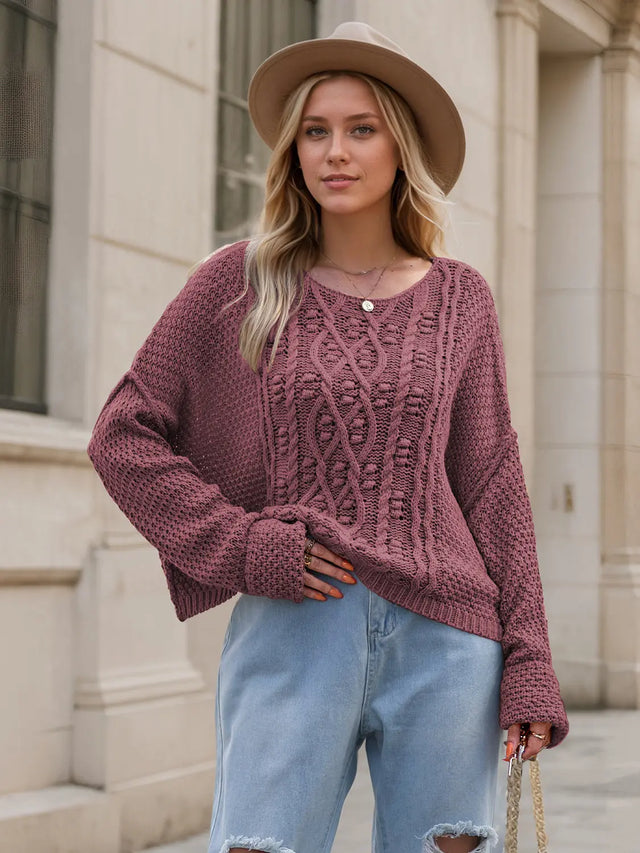 Round Neck Dropped Shoulder Long Sleeve Sweater Trendsi Hanalas