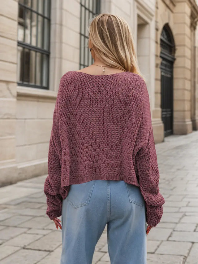 Round Neck Dropped Shoulder Long Sleeve Sweater Trendsi Hanalas