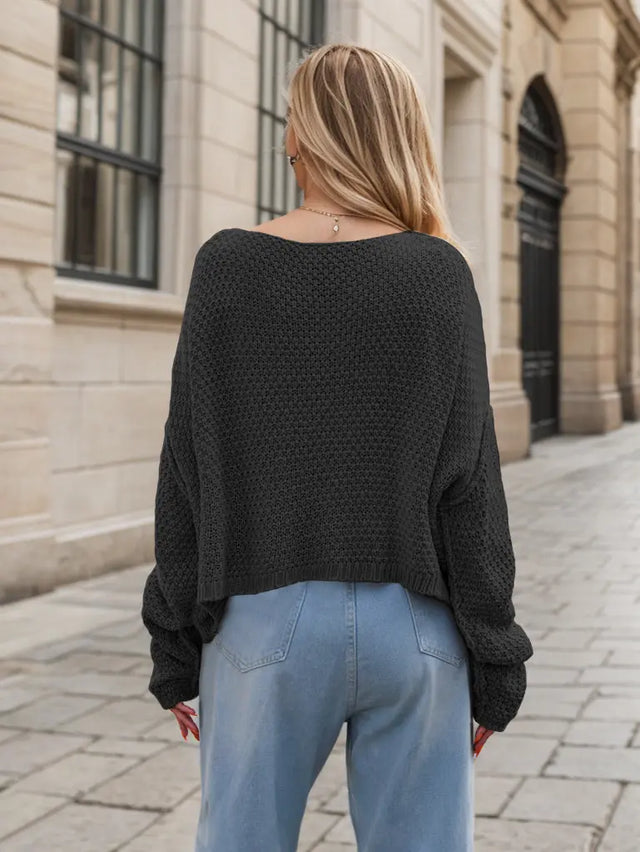 Round Neck Dropped Shoulder Long Sleeve Sweater Trendsi Hanalas