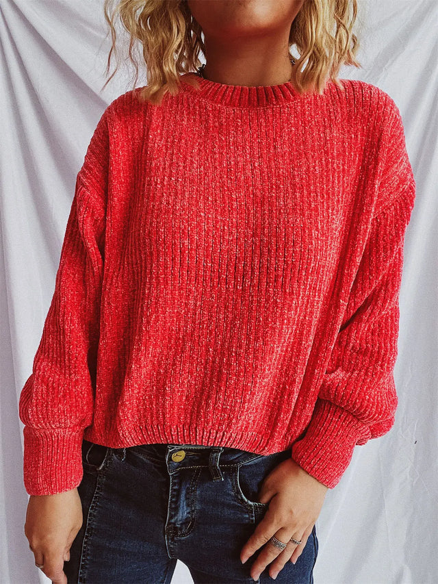 Round Neck Dropped Shoulder Long Sleeve Sweater Trendsi Hanalas