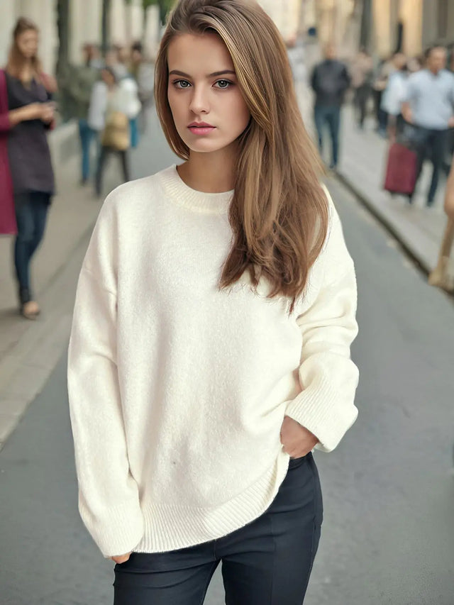 Round Neck Dropped Shoulder Long Sleeve Sweater Trendsi Hanalas