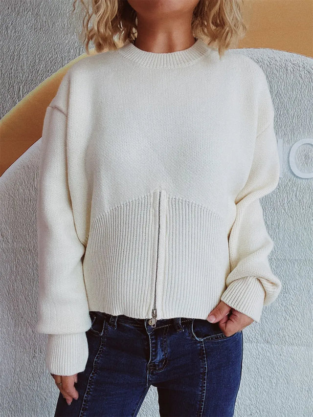 Round Neck Half Zip Long Sleeve Sweater Trendsi Hanalas