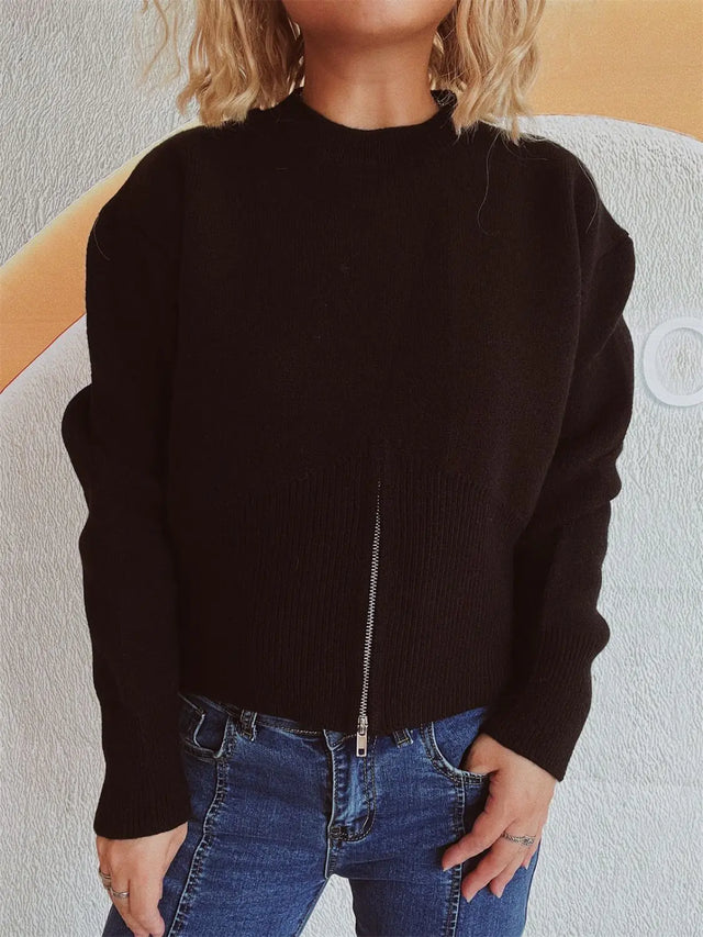 Round Neck Half Zip Long Sleeve Sweater Trendsi Hanalas