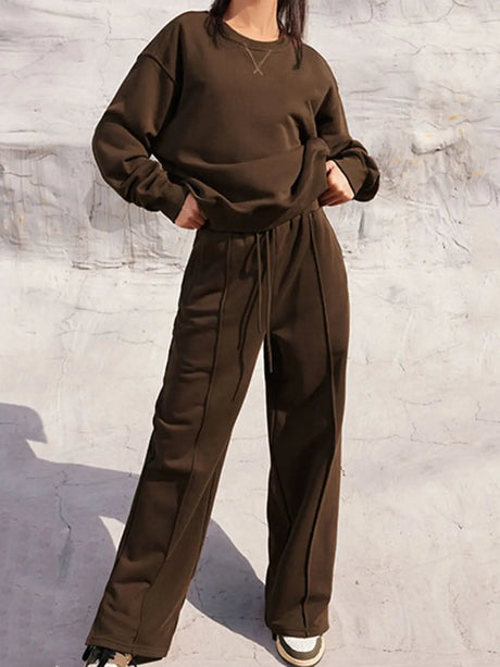 Round Neck Long Sleeve Top and Elastic Waist Pants Set | Hanalas