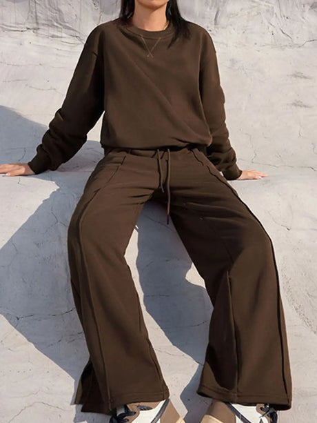 Round Neck Long Sleeve Top and Elastic Waist Pants Set | Hanalas