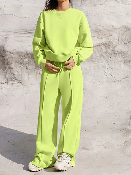 Round Neck Long Sleeve Top and Elastic Waist Pants Set | Hanalas