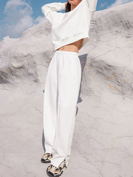 Round Neck Long Sleeve Top and Elastic Waist Pants Set | Hanalas