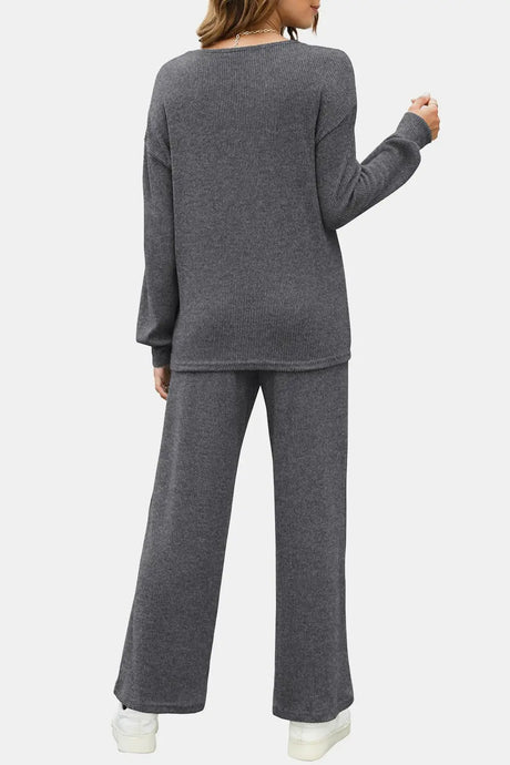 Round Neck Long Sleeve Top and Pants Set | Hanalas