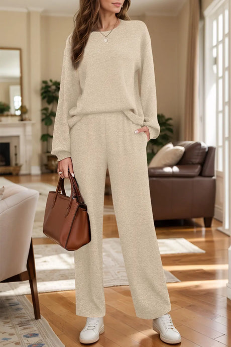 Round Neck Long Sleeve Top and Pants Set | Hanalas
