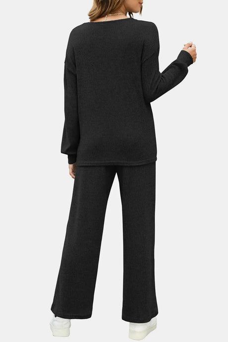 Round Neck Long Sleeve Top and Pants Set | Hanalas