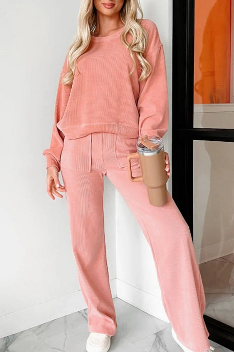 Round Neck Long Sleeve Top and Pants Set | Hanalas
