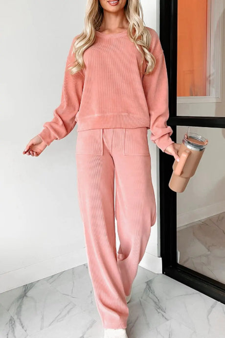 Round Neck Long Sleeve Top and Pants Set | Hanalas