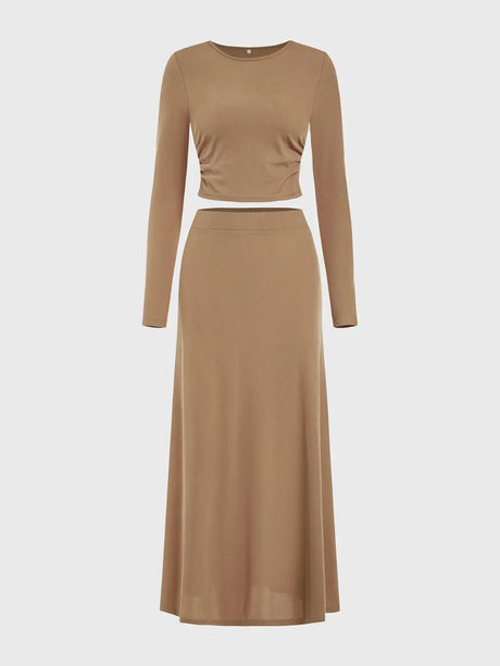 Round Neck Long Sleeve Top and Skirt Set | Hanalas