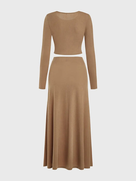 Round Neck Long Sleeve Top and Skirt Set | Hanalas