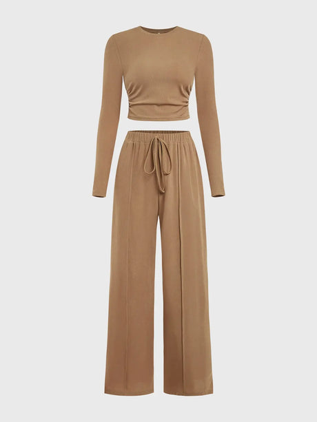 Round Neck Long Sleeve Top and Tied Pants Set | Hanalas