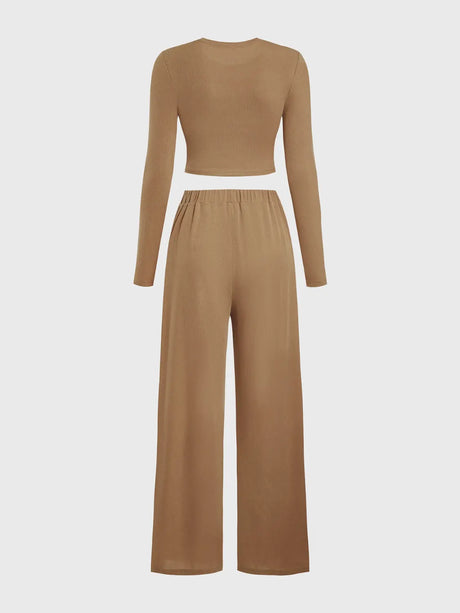 Round Neck Long Sleeve Top and Tied Pants Set | Hanalas