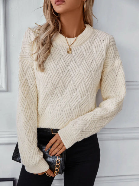 Round Neck Long Sleeve Woven Sweater Trendsi Hanalas