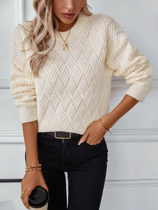 Round Neck Long Sleeve Woven Sweater Trendsi Hanalas