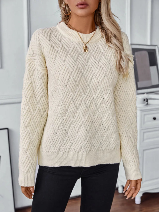 Round Neck Long Sleeve Woven Sweater Trendsi Hanalas