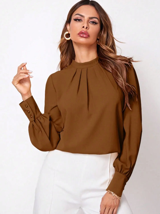 Ruched Mock Neck Long Sleeve Blouse Trendsi Hanalas