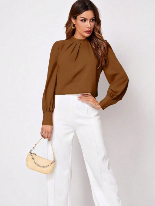 Ruched Mock Neck Long Sleeve Blouse Trendsi Hanalas