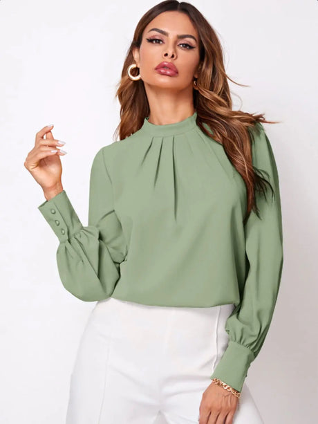 Ruched Mock Neck Long Sleeve Blouse Trendsi Hanalas