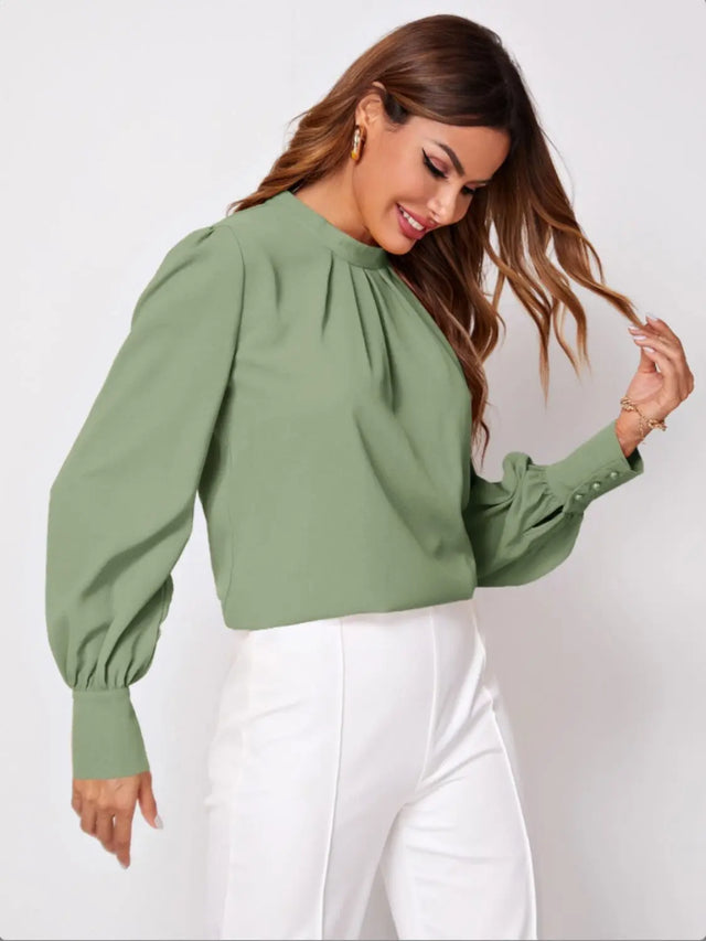 Ruched Mock Neck Long Sleeve Blouse Trendsi Hanalas