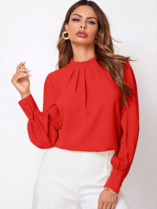 Ruched Mock Neck Long Sleeve Blouse Trendsi Hanalas