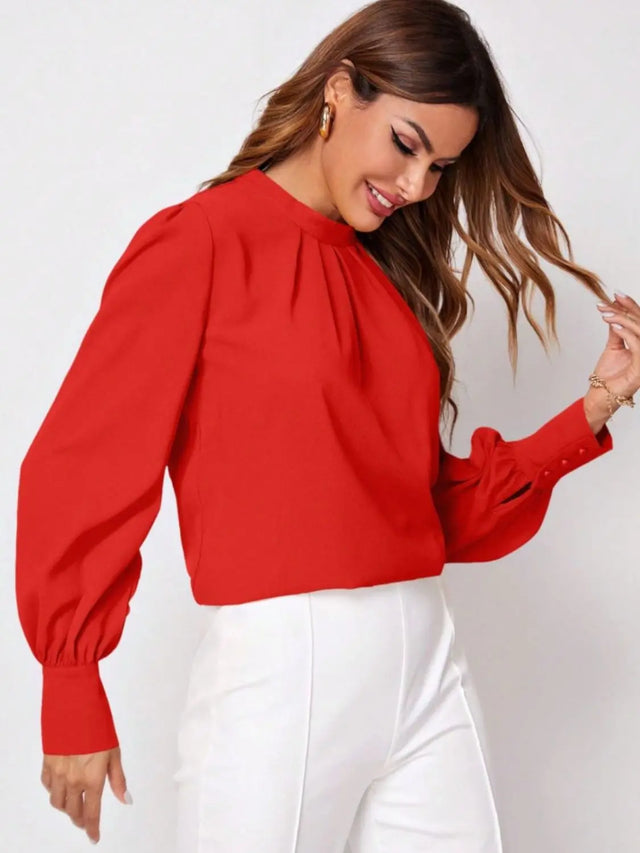 Ruched Mock Neck Long Sleeve Blouse Trendsi Hanalas