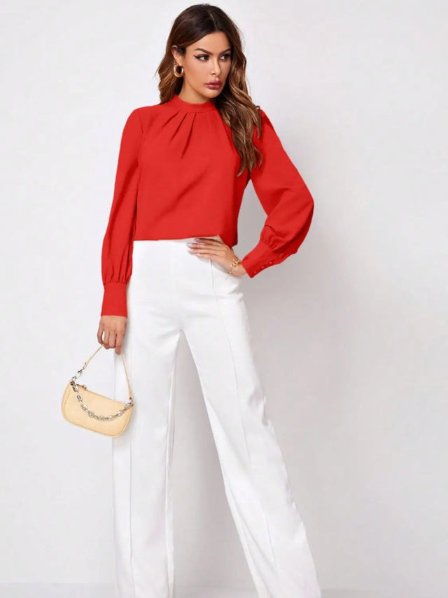 Ruched Mock Neck Long Sleeve Blouse Trendsi Hanalas