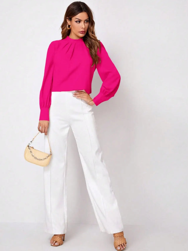 Ruched Mock Neck Long Sleeve Blouse Trendsi Hanalas