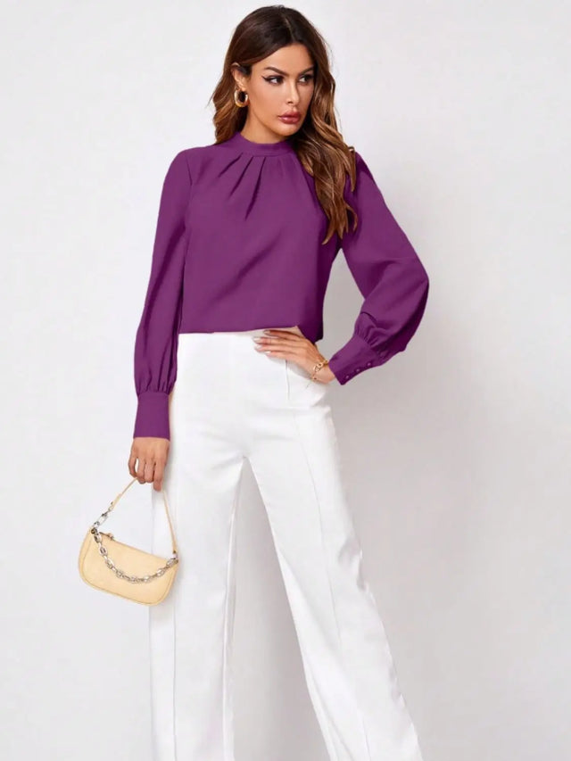 Ruched Mock Neck Long Sleeve Blouse Trendsi Hanalas