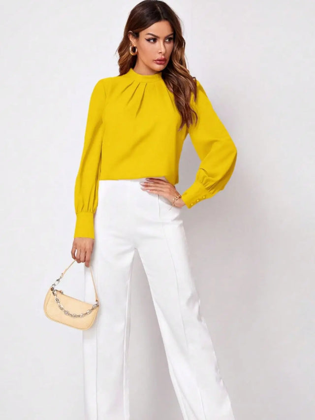 Ruched Mock Neck Long Sleeve Blouse Trendsi Hanalas