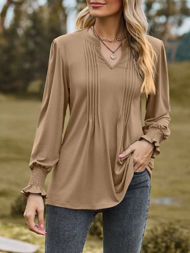 Ruched Notched Long Sleeve T-Shirt Trendsi Hanalas