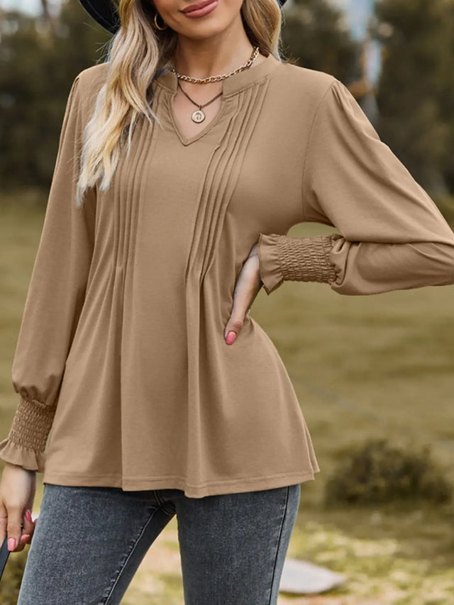 Ruched Notched Long Sleeve T-Shirt Trendsi Hanalas