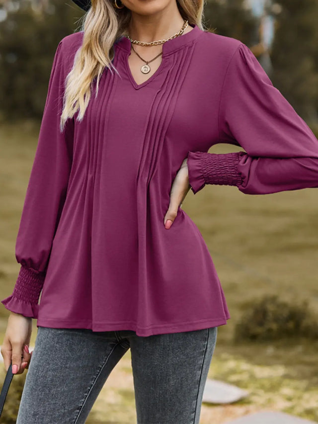 Ruched Notched Long Sleeve T-Shirt Trendsi Hanalas