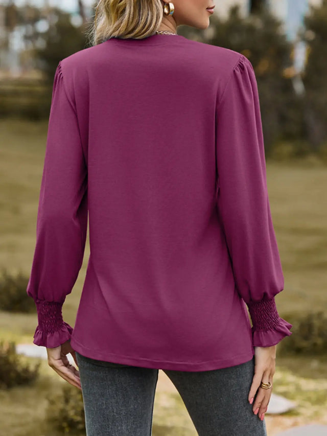 Ruched Notched Long Sleeve T-Shirt Trendsi Hanalas