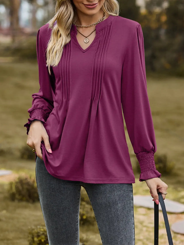 Ruched Notched Long Sleeve T-Shirt Trendsi Hanalas