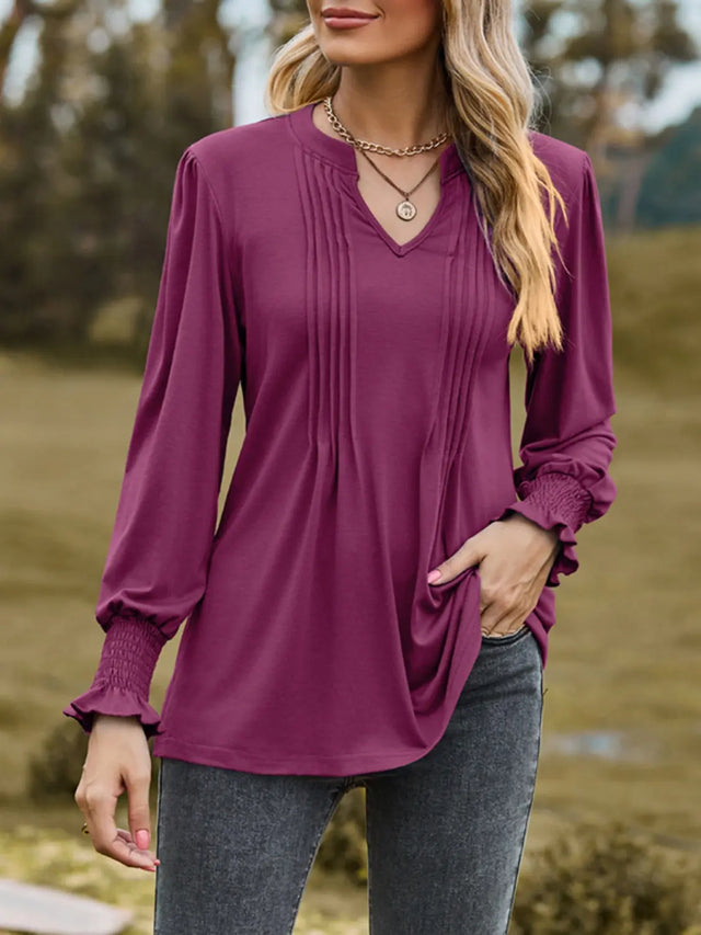 Ruched Notched Long Sleeve T-Shirt Trendsi Hanalas