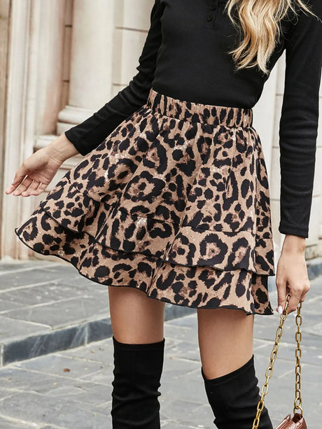 Ruffled Leopard Elastic Waist Skirt | Hanalas
