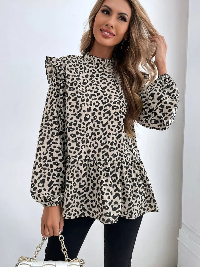 Ruffled Leopard Mock Neck Long Sleeve Blouse Trendsi Hanalas