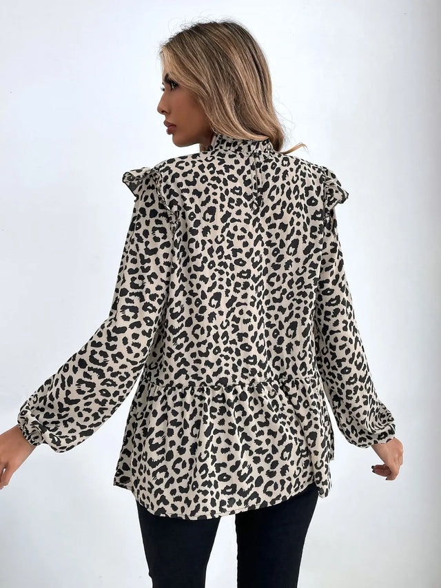 Ruffled Leopard Mock Neck Long Sleeve Blouse Trendsi Hanalas