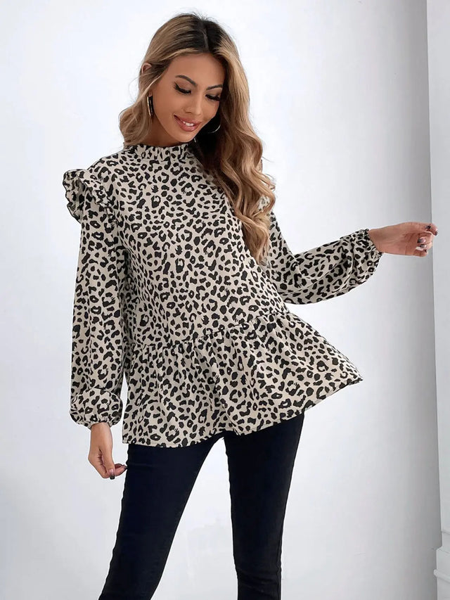 Ruffled Leopard Mock Neck Long Sleeve Blouse Trendsi Hanalas