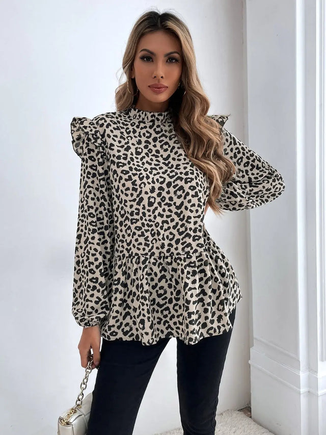 Ruffled Leopard Mock Neck Long Sleeve Blouse Trendsi Hanalas