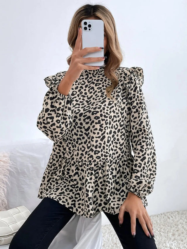 Ruffled Leopard Mock Neck Long Sleeve Blouse Trendsi Hanalas