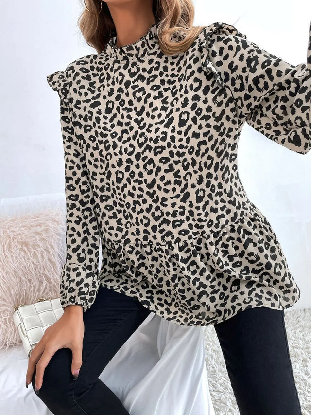 Ruffled Leopard Mock Neck Long Sleeve Blouse Trendsi Hanalas